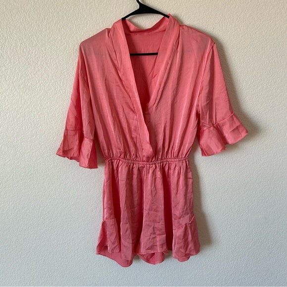 Silky Pink Ruffle Sleeve Bridal, Bridesmaid Romper - Picture 1 of 7